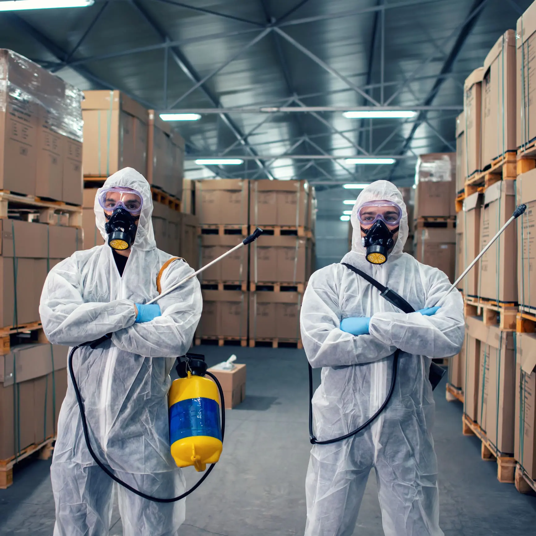 Warehouse disinfection team in hazmat suits