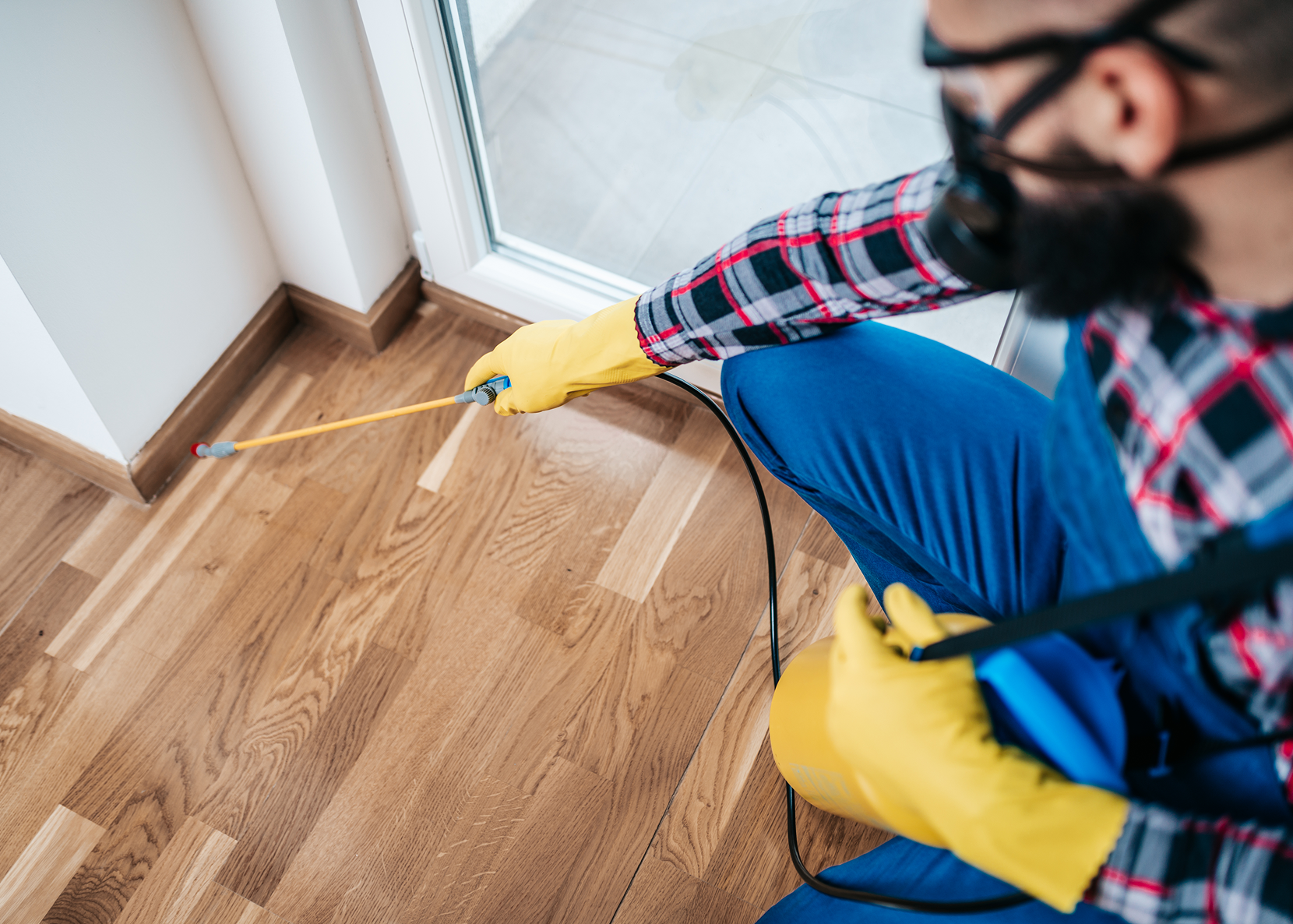 Person spraying pesticide on wooden floor for pest control.