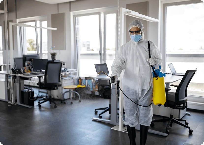 Worker sanitizing office with spray