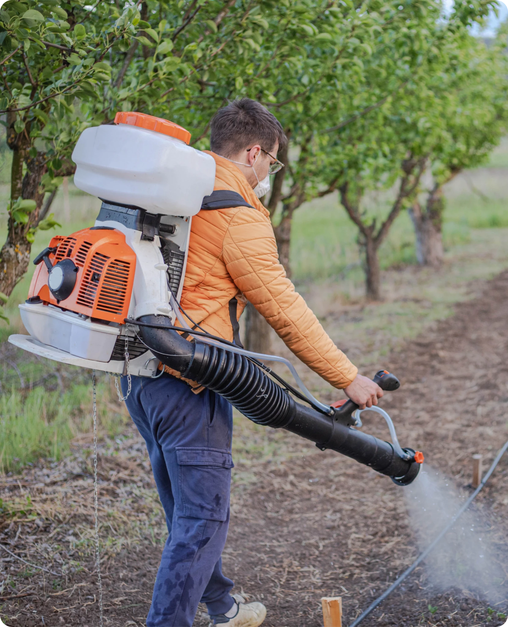 Orchard worker spraying pesticide